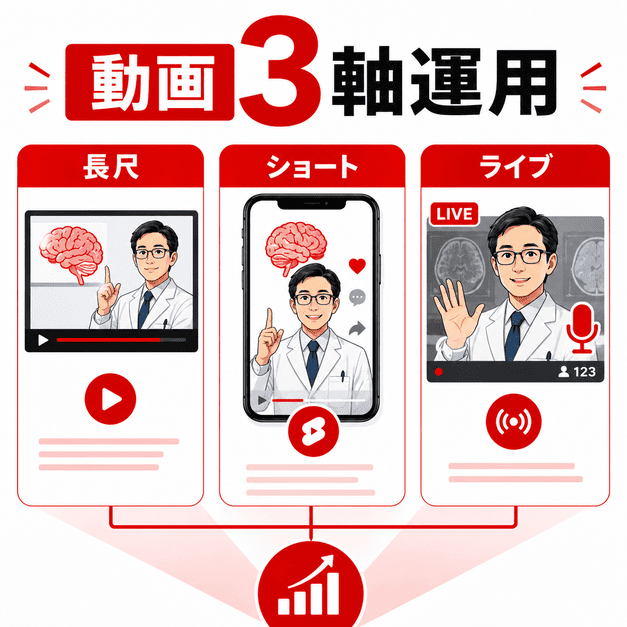 長尺動画、ショート動画、ライブ配信の3軸で脳神経外科のYouTubeコンテンツを運用する構成を示したイラスト