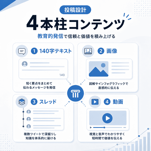 140字テキスト・画像・スレッド・動画の4本柱でX投稿を設計することを示したイラスト
