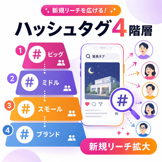 ビッグ、ミドル、スモール、ブランドの4階層ハッシュタグで発見タブから新規リーチを広げる戦略を示したイラスト