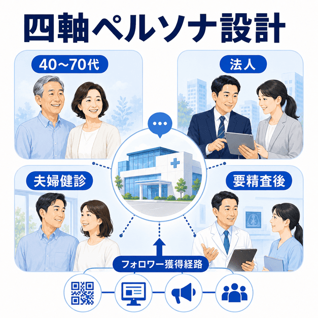 40〜70代・法人・夫婦健診・要精査後の四軸ペルソナ設計とフォロワー獲得経路を示した図解