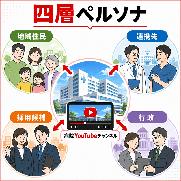 地域住民、連携先医療機関、採用候補者、行政の四層ペルソナに総合病院のYouTubeチャンネルが情報発信する様子