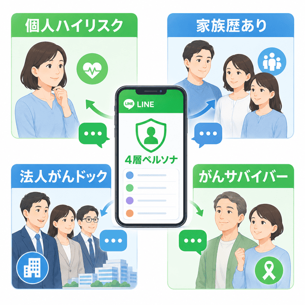 個人ハイリスク層、家族歴あり層、法人がんドック層、がんサバイバー層に分けてLINE配信を最適化する4層ペルソナ設計のイラスト