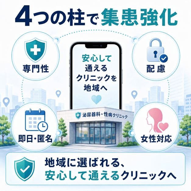専門性、配慮、即日・匿名、女性対応の4つの柱で、安心して通えるクリニックとして地域集患を強化するまとめ図