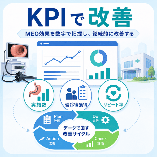 内視鏡実施数・健診後獲得・リピート率をKPIとして改善サイクルを回す図