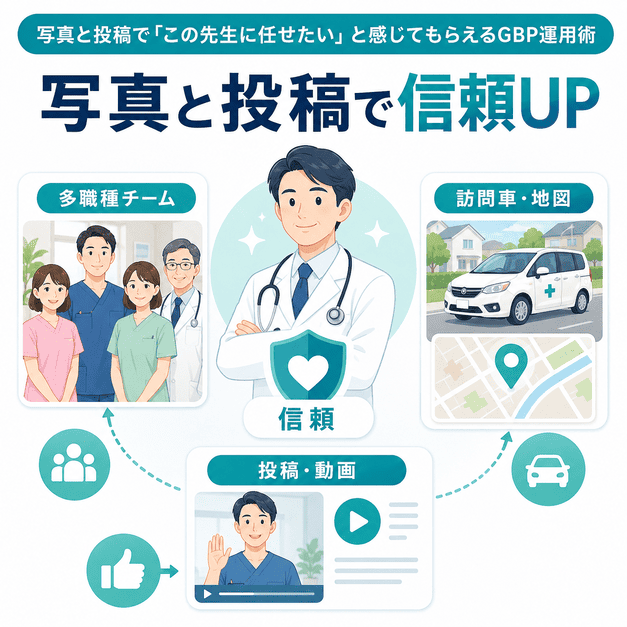 多職種チーム、訪問車両、投稿や動画を活用して訪問診療クリニックへの信頼を高めるGBP運用を示した図解