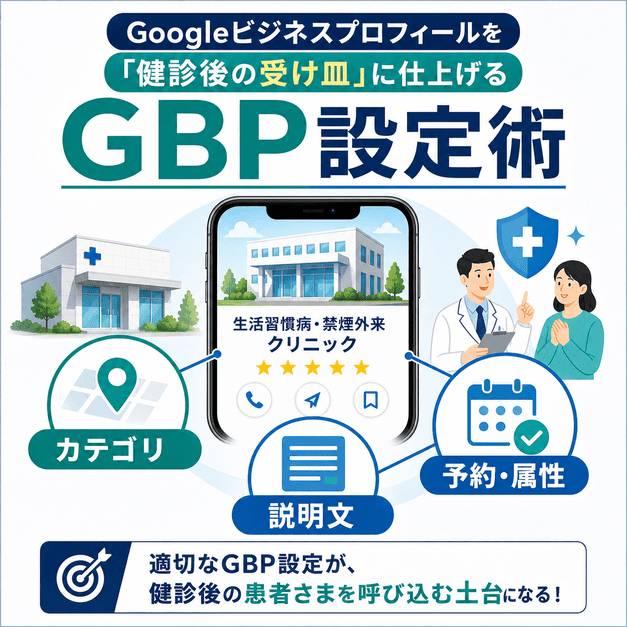 Googleビジネスプロフィールのカテゴリ、説明文、予約・属性設定を整えて健診後の受け皿にする図