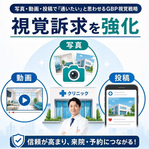 写真、動画、投稿を活用してクリニックへの信頼感と来院意欲を高めるGBP視覚戦略の図