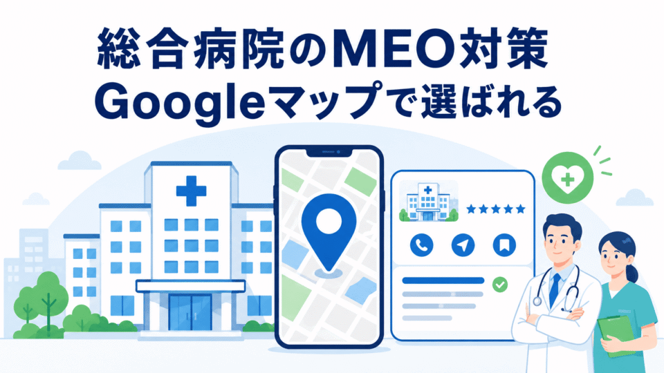 Googleマップで地域の中核病院として選ばれるための総合病院MEO対策を表したアイキャッチ画像