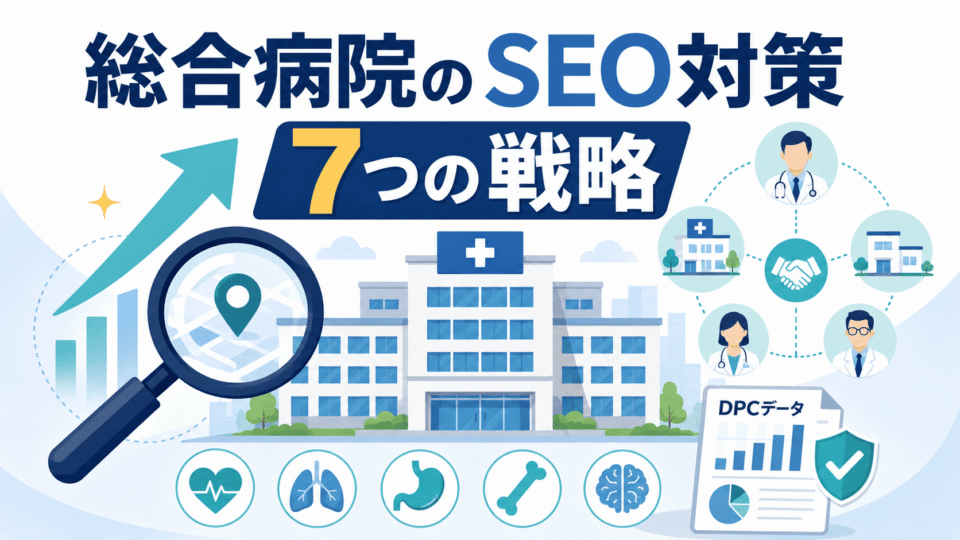 総合病院のSEO対策で重要な二層構造、地域連携、DPCデータ公開をまとめたアイキャッチ画像