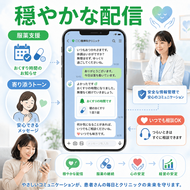 穏やかなLINE配信トーンと服薬支援により患者の安心感と治療継続を支える様子を表したイラスト