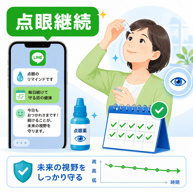 緑内障患者がLINEの点眼リマインダーで毎日の点眼を継続し視野を守るイメージ