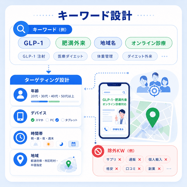GLP-1・肥満外来・地域名・オンライン診療などのキーワード選定とターゲティング設計を整理した図解