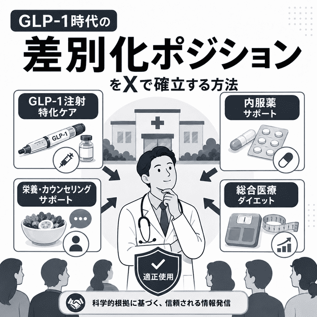 GLP-1時代に肥満外来クリニックが自院の差別化ポジションをXで整理して発信するイメージ