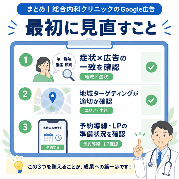 総合内科クリニックのGoogle広告で最初に見直すべき症状と広告の一致、地域設定、予約導線をまとめたイラスト