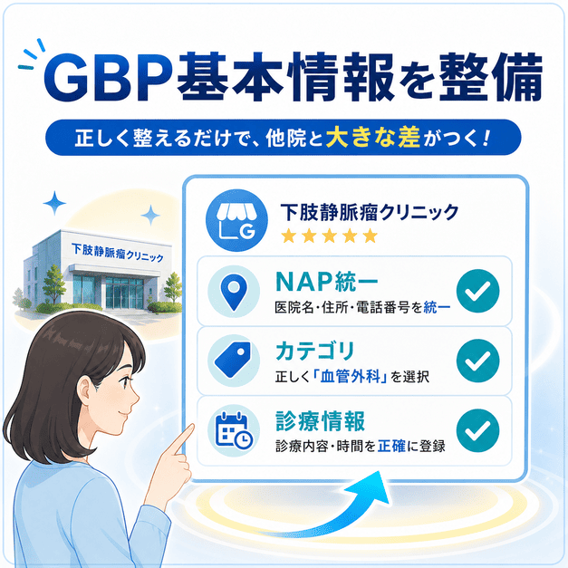 GoogleビジネスプロフィールでNAP統一、カテゴリ設定、診療情報の整備が重要であることを示す図解