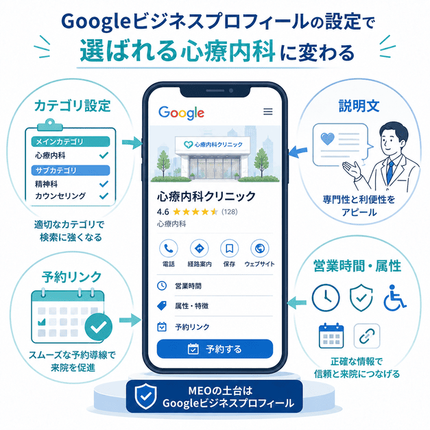 Googleビジネスプロフィールでカテゴリ設定、説明文、営業時間・属性、予約リンクを整え、選ばれる心療内科にする流れを示した図
