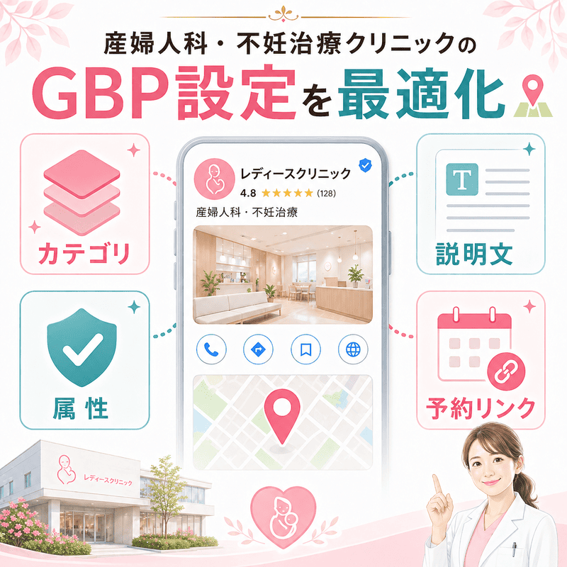 産婦人科・不妊治療クリニックのGoogleビジネスプロフィール設定で重要なカテゴリ・説明文・属性・予約リンクを示した図