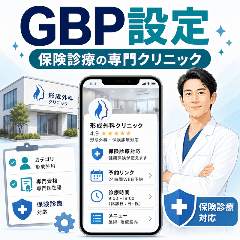 形成外科クリニックのGoogleビジネスプロフィールでカテゴリや保険診療、予約リンクを設定するイメージ