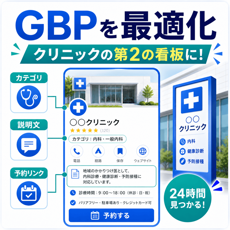 Googleビジネスプロフィールの最適化ポイントとして、カテゴリ、説明文、予約リンク、営業時間などの設定項目をまとめた図