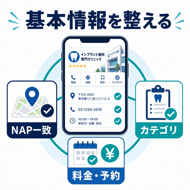 GoogleビジネスプロフィールでNAP情報・カテゴリ・料金予約情報を整える重要性を示した図解