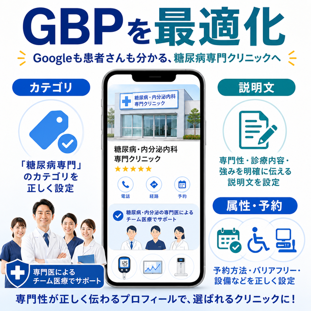 糖尿病専門クリニックのGoogleビジネスプロフィールでカテゴリ、説明文、属性や予約情報を整える手順を示した図解