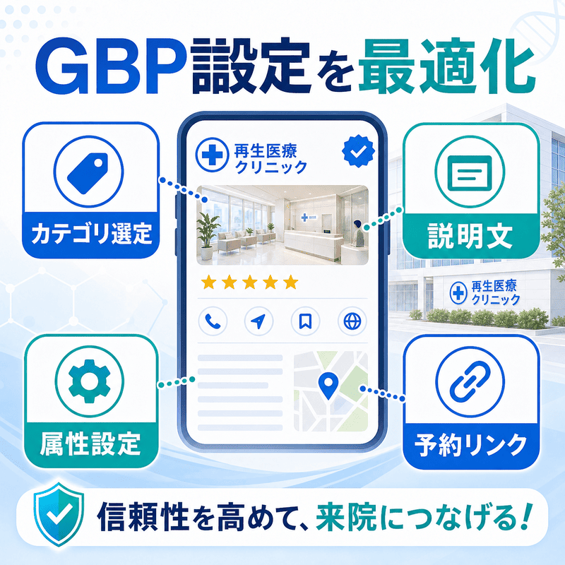Googleビジネスプロフィールの画面を中心に、カテゴリ選定、説明文、属性設定、予約リンクの最適化ポイントを示したイラスト