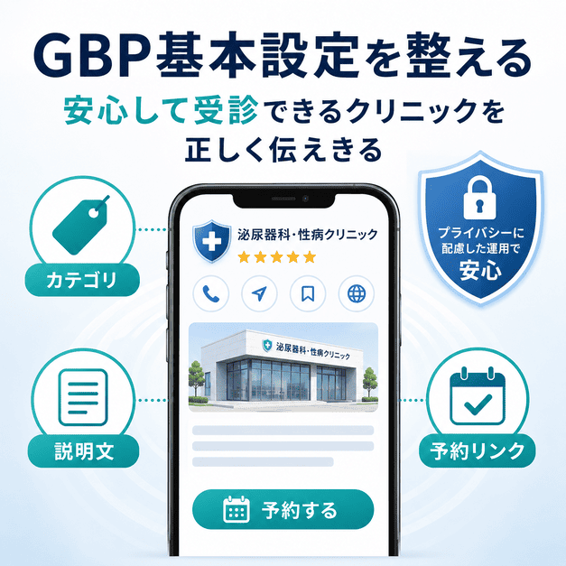 GBPのカテゴリ、説明文、予約リンクを整え、安心して受診できるクリニックであることを伝える図解
