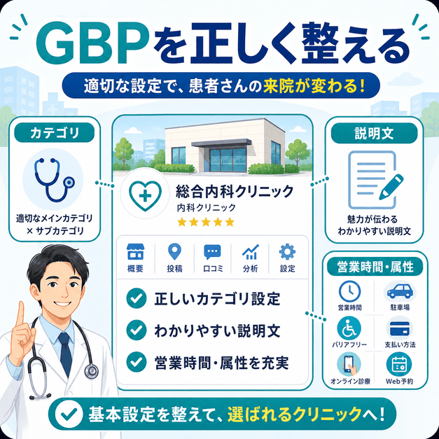 Googleビジネスプロフィールのカテゴリ、説明文、営業時間、属性設定を整えて総合内科の集患力を高める流れを示した図