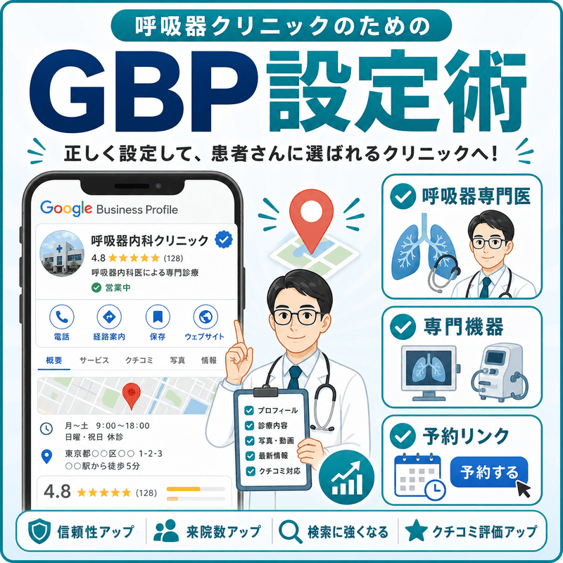 呼吸器専門医、専門機器、予約リンクをGoogleビジネスプロフィールで設定するポイントを示した図