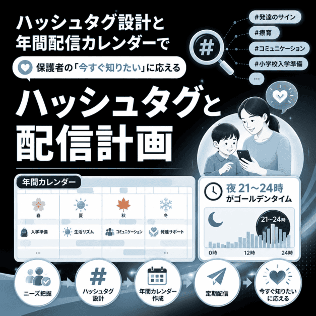 ハッシュタグ設計と年間配信カレンダーで保護者が知りたい情報に応える流れを示したイラスト