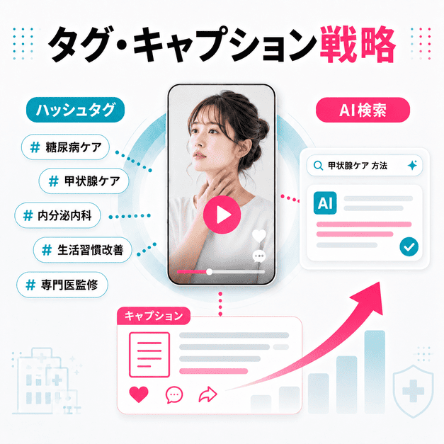 ハッシュタグ、キャプション、AI検索対策を連動させてTikTokの評価を高める戦略図