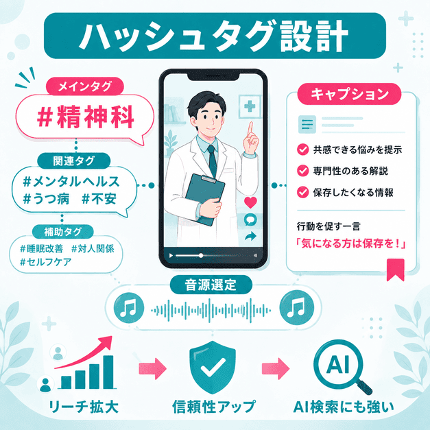 精神科動画のリーチを広げるハッシュタグ、キャプション、音源選定を示した図解