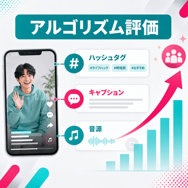 ハッシュタグ、キャプション、音源を整えてTikTokのアルゴリズム評価を高める施策を示したイラスト