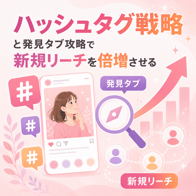 ハッシュタグ戦略と発見タブ攻略によって、レディースクリニックの新規リーチが広がる様子を表したイラスト