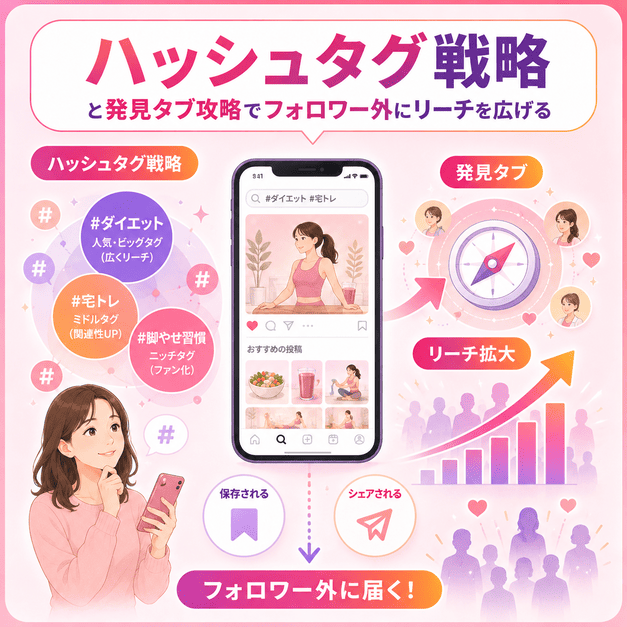 ハッシュタグ戦略と発見タブ攻略でフォロワー外へのリーチを広げる流れを示したイラスト