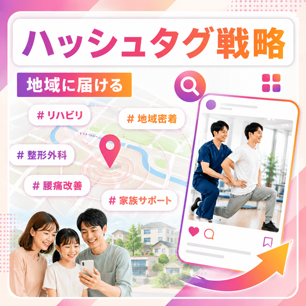 地域ハッシュタグや発見タブを活用し、リハビリ科クリニックの投稿を近隣患者や家族へ届ける様子を表したイラスト
