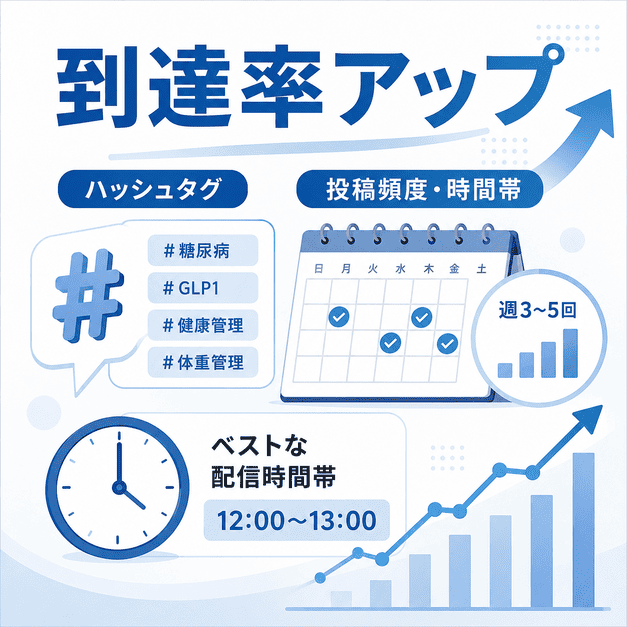 ハッシュタグ、投稿頻度、配信時間帯を調整してXでの到達率を高める方法を表したイラスト
