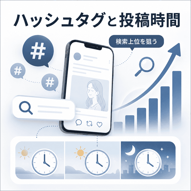 ハッシュタグ選定と投稿時間の最適化によってX検索で上位表示を狙う仕組みを表したイラスト