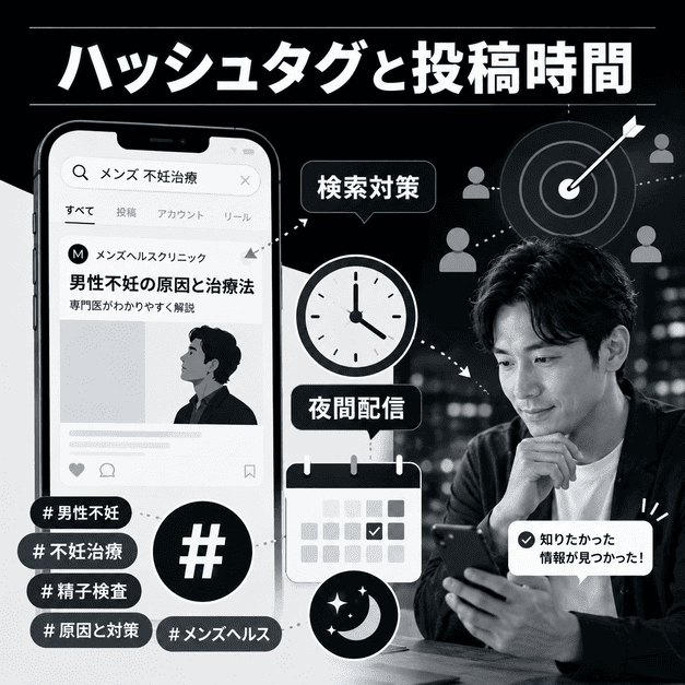 ハッシュタグ検索と投稿タイミングを活用して、情報を探す男性に届ける運用を表したイラスト