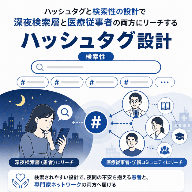 ハッシュタグと検索性の設計で深夜検索層と医療従事者へリーチする流れを表したイラスト