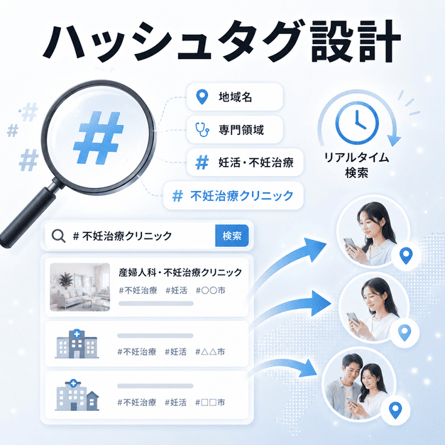 地域名や専門領域のハッシュタグとリアルタイム検索で見込み患者にリーチする仕組みを示したイラスト