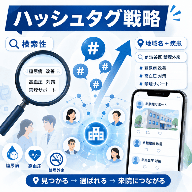地域名と疾患名を組み合わせたハッシュタグ設計で検索性を高め、来院につなげる流れを示したイラスト