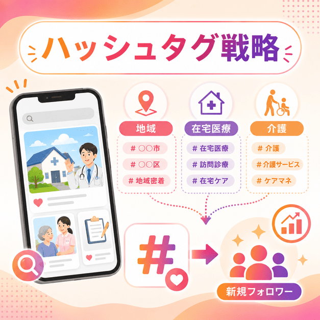 地域、在宅医療、介護の三軸ハッシュタグから新規フォロワー獲得につなげる戦略を示したイラスト