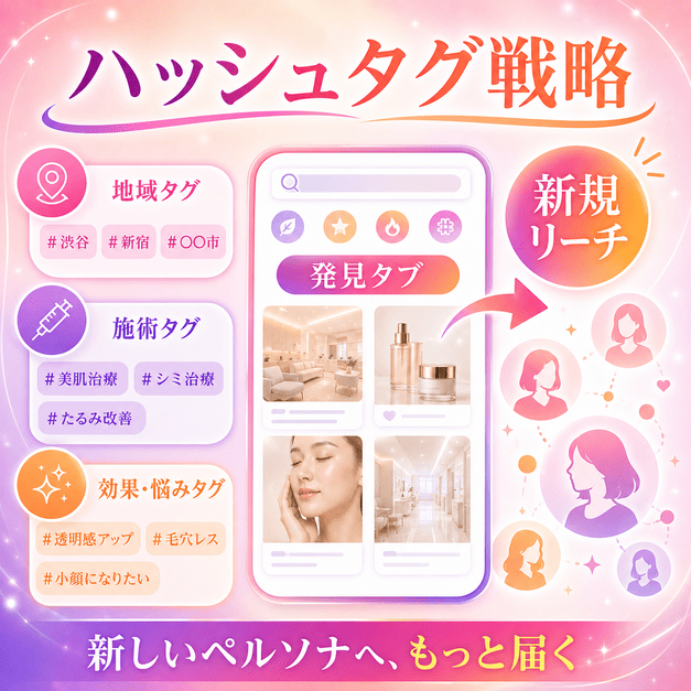 地域タグ、施術タグ、美容効果タグを使って発見タブから新規ペルソナへリーチを広げるイメージ
