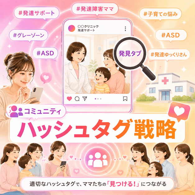 発達障害ママコミュニティに届くハッシュタグ戦略と発見タブでの認知拡大を表すイラスト