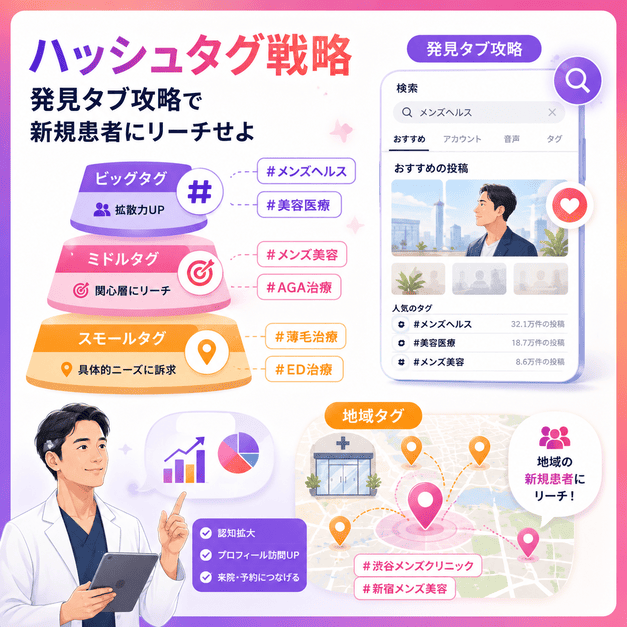 ビッグタグ・ミドルタグ・スモールタグと発見タブを活用して新規患者へリーチする戦略を示したイラスト