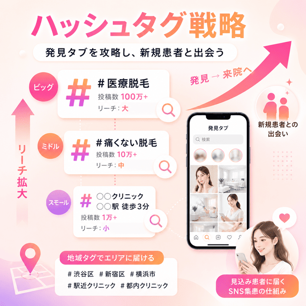 ハッシュタグ戦略で発見タブから新規患者との接点を増やす仕組みを示したイラスト