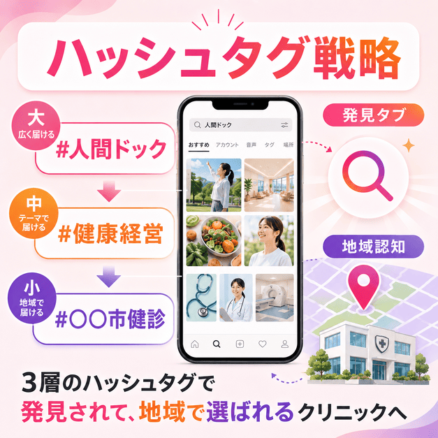人間ドックや健康経営、地域名を組み合わせたハッシュタグ戦略で発見タブと地域認知を狙うイラスト
