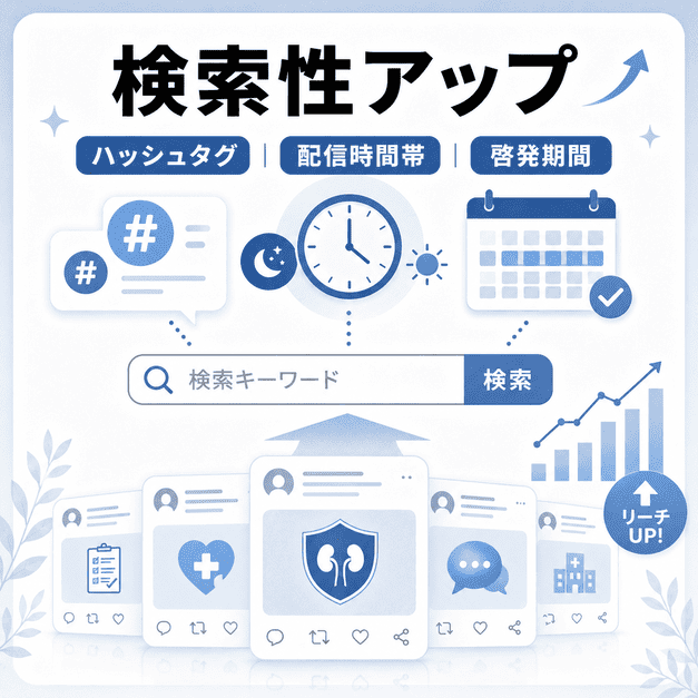 ハッシュタグ、配信時間帯、啓発期間を活用してXでの検索性とリーチを高めるイラスト