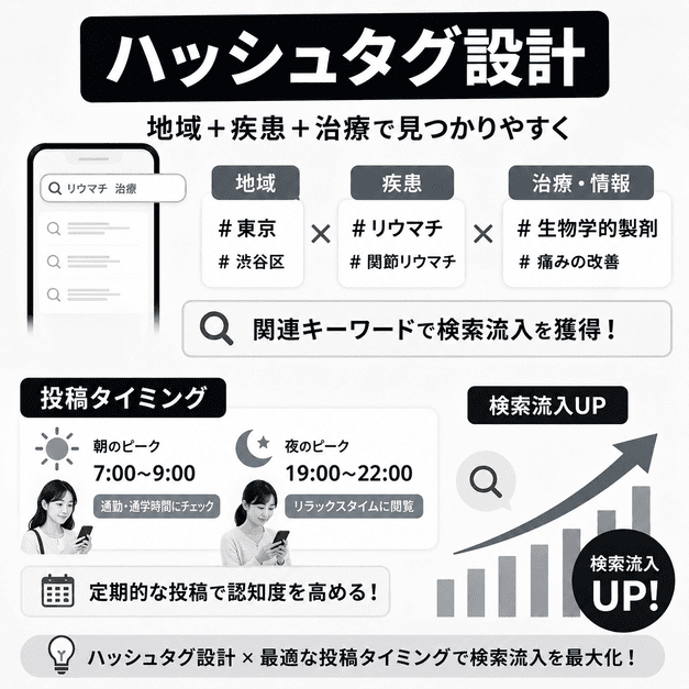地域名・疾患名・治療法のハッシュタグと投稿タイミングで検索流入を増やすイメージ